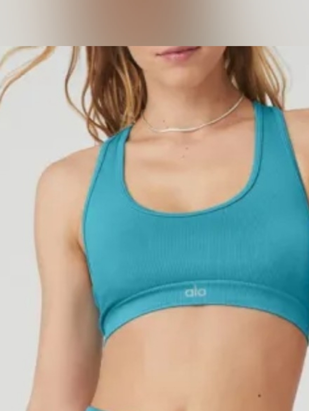 ALO Yoga Ribbed Racerback Sports Bra in Teal Blue